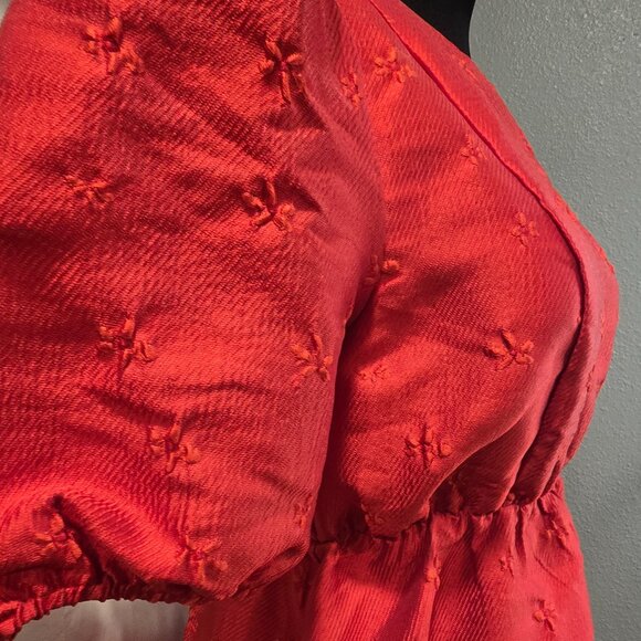 Sister Jane Poppy Dress Red Jacquard Mini Short Puff Sleeves Heart Back Medium - Picture 8 of 12